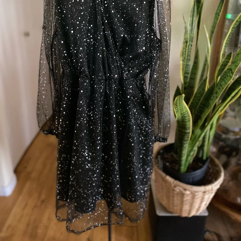 Black Sheer Dress with Mutiple Sizes of Silver Dots. - Picture 2 of 4